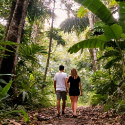 Caribbean Holidays, Trinidad Honeymoons, Couple exploring lush Tobago rainforest with a guide, tropical trees and sunlight filtering through the canopy