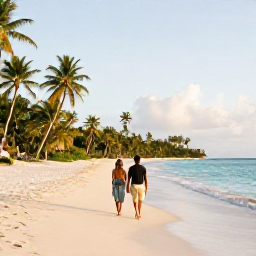 Caribbean Holidays, Trinidad Honeymoons, Couple relaxing on a quiet golden beach in Trinidad and Tobago in May, turquoise sea, palm trees and soft morning light