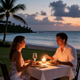 Caribbean Holidays, Trinidad Honeymoons, Couple sharing a candlelit dinner featuring Caribbean food on a terrace overlooking the ocean in Tobago