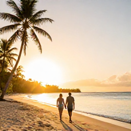 Caribbean Holidays, Trinidad Honeymoons, Couple walking hand in hand along a quiet golden beach in Tobago at sunset, palm trees and calm turquoise sea