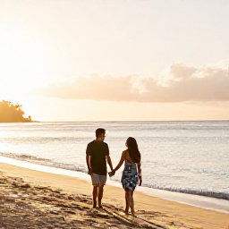Caribbean Holidays, Trinidad Honeymoons, Couple walking hand in hand along a quiet Trinidad beach at sunrise, warm Caribbean light and calm sea