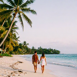 Caribbean Holidays, Trinidad Honeymoons, Couple walking hand in hand along a quiet tropical beach in Tobago during golden morning light