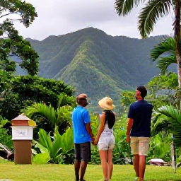 Caribbean Holidays, Trinidad Honeymoons, Honeymoon couple exploring lush tropical rainforest in Tobago, with a guide and green mountain scenery