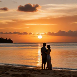 Caribbean Holidays, Trinidad Honeymoons, Newly married couple watching the sunset from a quiet Tobago beach with calm sea and warm orange sky