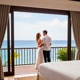 Caribbean Holidays, Trinidad Honeymoons, Newlywed couple enjoying a peaceful luxury resort room and private balcony overlooking the sea in Tobago