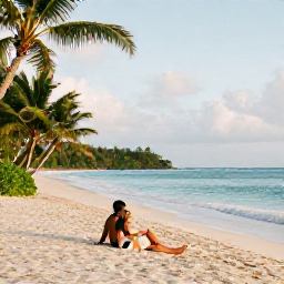 Caribbean Holidays, Trinidad Honeymoons, Newlywed couple relaxing on a quiet Tobago beach with soft morning light, tropical greenery and turquoise water