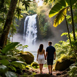 Caribbean Holidays, Trinidad Honeymoons, Newlywed couple walking through lush tropical rainforest in Tobago, sunlight filtering through leaves and a scenic waterfall nearby