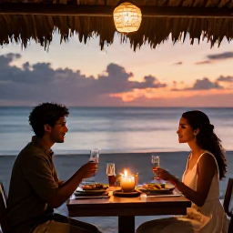Caribbean Holidays, Trinidad Honeymoons, Romantic couple dining at an open-air restaurant in Tobago, Caribbean dishes, candlelight and sunset over the sea