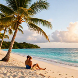 Caribbean Holidays, Trinidad Honeymoons, Romantic couple relaxing on a peaceful Tobago beach with turquoise water, palm trees and soft afternoon sunshine