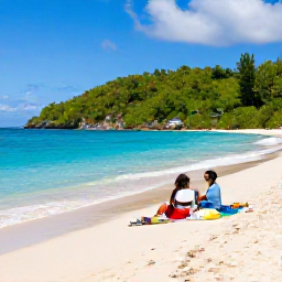 Caribbean Holidays, Trinidad Honeymoons, Romantic couple relaxing on a secluded Tobago beach with a small picnic, turquoise water and lush green coastline