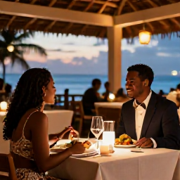 Caribbean Holidays, Trinidad Honeymoons, Romantic dinner for two at a stylish Caribbean restaurant in Trinidad with local dishes and warm evening lighting