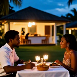 Caribbean Holidays, Trinidad Honeymoons, Romantic outdoor dinner for two in Trinidad with Caribbean dishes, warm evening lighting and local atmosphere