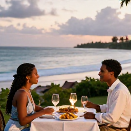 Caribbean Holidays, Trinidad Honeymoons, Romantic outdoor dinner for two overlooking the Caribbean Sea in Tobago, with local food and soft evening light