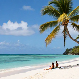 Caribbean Holidays, Trinidad Honeymoons, Romantic secluded beach in Tobago with turquoise water, palm trees and a couple relaxing near the shoreline