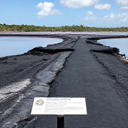 Caribbean Holidays, Trinidad Instagram Hotspots, A dramatic photograph of Trinidad's Pitch Lake, showing dark natural asphalt textures, shallow pools and an informative visitor trail