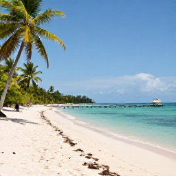 Caribbean Holidays, Trinidad Instagram Hotspots, A tranquil tropical scene at Pigeon Point in Tobago, with a white sandy beach, calm turquoise water, palm trees and a wooden jetty