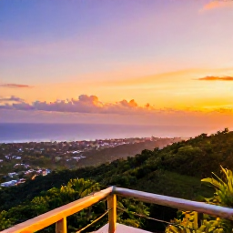Caribbean Holidays, Trinidad Instagram Hotspots, Golden-hour view from the lookout over Port of Spain, Trinidad, with lush Northern Range hills and a colourful Caribbean sky