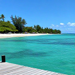 Caribbean Holidays, Trinidad Instagram Spots, Clear turquoise water, white sand and lush green coastline at Pigeon Point, Tobago, with a wooden jetty in the foreground