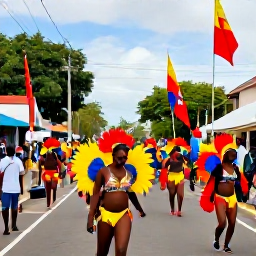 Caribbean Holidays, Trinidad Instagram Spots, Colourful Port of Spain street scene during Trinidad Carnival in February, vibrant costumes, flags and lively crowds