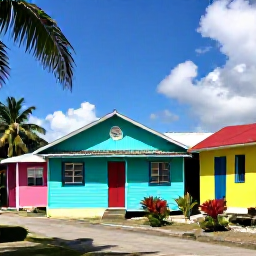 Caribbean Holidays, Trinidad Instagram Spots, Colourful wooden houses, tropical plants and relaxed local life in a Trinidad and Tobago village during sunny February weather