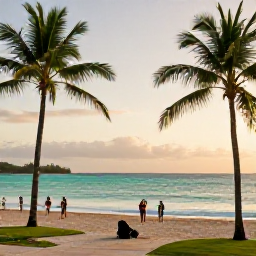 Caribbean Holidays, Trinidad Instagram Spots, Golden-hour view of Maracas Bay, Trinidad, with palm trees, turquoise sea and beach visitors taking photographs