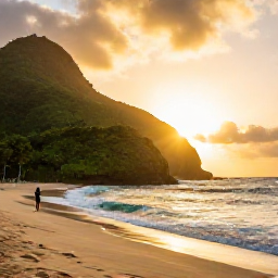 Caribbean Holidays, Trinidad Instagram Spots, Golden sunset over Maracas Bay in Trinidad, with curving beach, dramatic green hills, gentle waves and silhouettes of visitors taking photographs