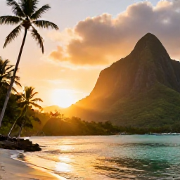 Caribbean Holidays, Trinidad Instagram Spots, Golden sunset over Maracas Bay in Trinidad, with palm trees, turquoise water and a dramatic green mountain backdrop