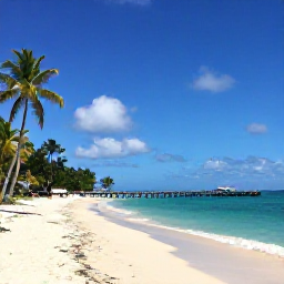 Caribbean Holidays, Trinidad Instagram Spots, Quiet tropical beach at Pigeon Point in Tobago during November, with turquoise water, white sand, coconut palms and a wooden jetty