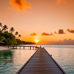 Caribbean Holidays, Trinidad Instagram Spots, Sunset over Pigeon Point beach in Tobago, wooden jetty, palm trees, calm turquoise lagoon and orange sky