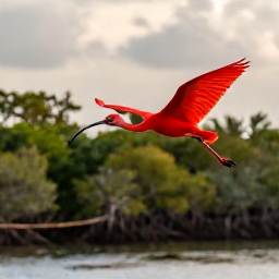 Caribbean Holidays, Trinidad Instagram Spots, Vibrant scarlet ibis flying over mangrove waterways at Caroni Bird Sanctuary, Trinidad, during late afternoon