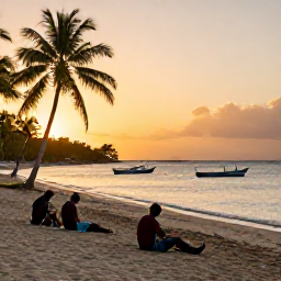 Caribbean Holidays, Trinidad January, Backpackers relaxing on a quiet Trinidad beach at sunset with fishing boats, palm trees and warm golden light
