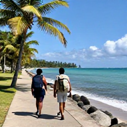 Caribbean Holidays, Trinidad January, Backpackers walking along a sunny Trinidad coastline with palm trees, clear turquoise water and light travel packs