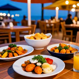 Caribbean Holidays, Trinidad January Breaks, Colourful Caribbean dishes and fresh seafood served at an outdoor restaurant in Port of Spain, with a relaxed evening atmosphere