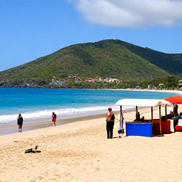 Caribbean Holidays, Trinidad January Breaks, Visitors enjoying a sunny day at Maracas Bay near Port of Spain, with golden sand, turquoise sea, green mountains and colourful beach stalls