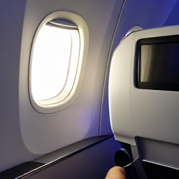 Caribbean Holidays, Trinidad January, Business class passenger relaxing in a modern aircraft cabin on a flight to Trinidad, warm Caribbean light through the window