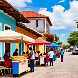 Caribbean Holidays, Trinidad January, Colourful Port of Spain street scene in January with local food stalls, musicians and travellers exploring the city