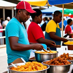 Caribbean Holidays, Trinidad January, Colourful Trinidadian street food market in Port of Spain with vendors serving doubles and local dishes