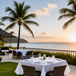 Caribbean Holidays, Trinidad January, Elegant business class hotel terrace overlooking a tropical Caribbean coastline at sunset