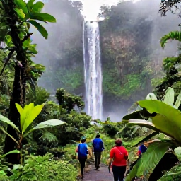 Caribbean Holidays, Trinidad January, Hikers trekking through lush Trinidad rainforest towards a waterfall, with tropical plants and misty green hills