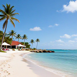 Caribbean Holidays, Trinidad January Holidays, A bright Caribbean beach in Trinidad and Tobago in January, with calm turquoise water, palm trees and a relaxed all-inclusive resort atmosphere