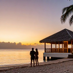 Caribbean Holidays, Trinidad January Holidays, A couple watching the sunset from a Trinidad and Tobago beach beside a comfortable resort, with warm evening light and calm sea