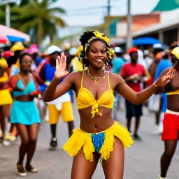 Caribbean Holidays, Trinidad January Holidays, A lively Trinidad street scene during Carnival season, with colourful costumes, music, dancing and cheerful crowds