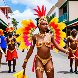 Caribbean Holidays, Trinidad January Holidays, Colourful Trinidad Carnival costumes and dancers on a lively Port of Spain street in January
