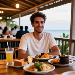Caribbean Holidays, Trinidad January Holidays, Friendly solo traveller enjoying an outdoor Trinidad restaurant with Caribbean dishes and soft evening light