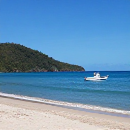 Caribbean Holidays, Trinidad January Holidays, Golden beach on Trinidad's north coast with calm turquoise water, green hills and a small fishing boat