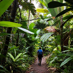 Caribbean Holidays, Trinidad January Holidays, Lush Trinidad rainforest trail with a solo hiker, tropical plants and soft sunlight