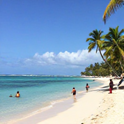 Caribbean Holidays, Trinidad January Holidays, Relaxed Caribbean beach on Tobago with clear turquoise water, palm trees and visitors enjoying a sunny January day