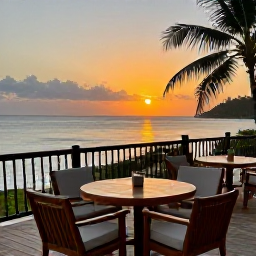 Caribbean Holidays, Trinidad January Holidays, Relaxed Caribbean hotel terrace overlooking Trinidad's coast at sunset with comfortable outdoor seating