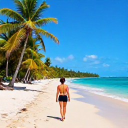 Caribbean Holidays, Trinidad January Holidays, Solo traveller walking along a sunny palm-fringed beach in Trinidad and Tobago in January