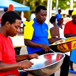 Caribbean Holidays, Trinidad January Holidays, Steelpan musicians rehearsing outdoors in Trinidad with colourful instruments and a relaxed local crowd